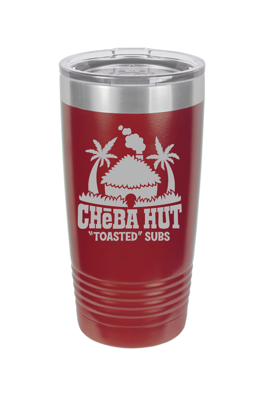 A maroon insulated tumbler with a clear lid, featuring the Cheba Hut "Toasted" Subs logo with an illustration of a hut and palm trees.