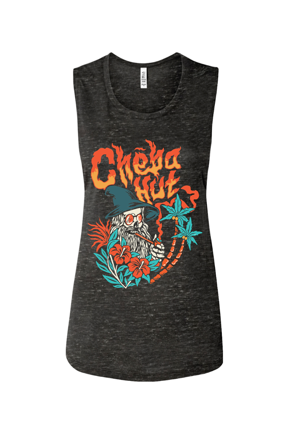 A black marble women's muscle tank top with a colorful front graphic. The graphic features "Cheba Hut" in a fiery font above an illustration of a skeleton wizard with a long white beard, sunglasses, and a pointed hat. The wizard is smoking a long pipe and is surrounded by tropical plants, including palm trees and red hibiscus flowers.