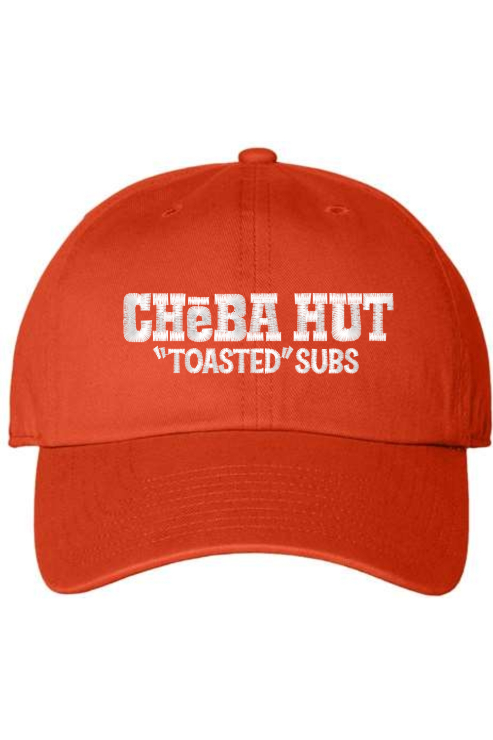 An orange  baseball cap with a curved brim. The front of the cap features the white stylized text 'CHEBA HUT "TOASTED" SUBS' embroidered across the center. The cap has a visible button on the top and an adjustable strap in the back (not visible).