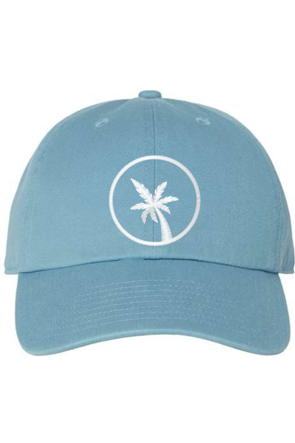 A blue baseball cap with a curved brim. The front of the hat features an embroidered seven frond Palm Tree in white thread. The cap has a visible button on the top and an adjustable strap in the back (not visible).