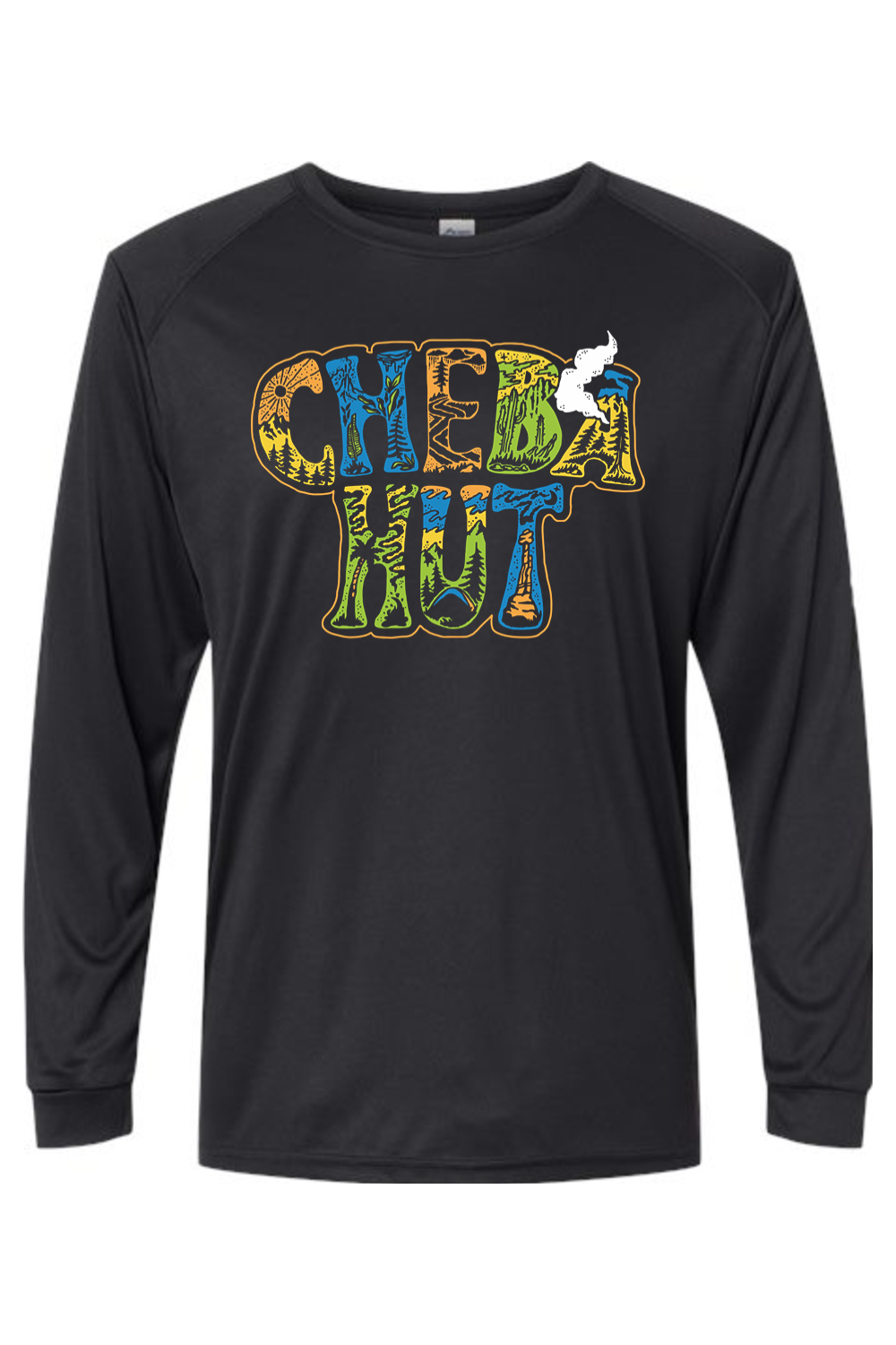 A long-sleeved black athletic shirt with the words "CHEBA HUT" emblazoned across the chest in a vibrant, multi-colored, nature-inspired font. The letters of "CHEBA HUT" are filled with illustrations of trees, mountains, and sun rays in shades of yellow, green, and blue. A small white cloud or puff of smoke is visible near the top right of the "T" in "HUT."
