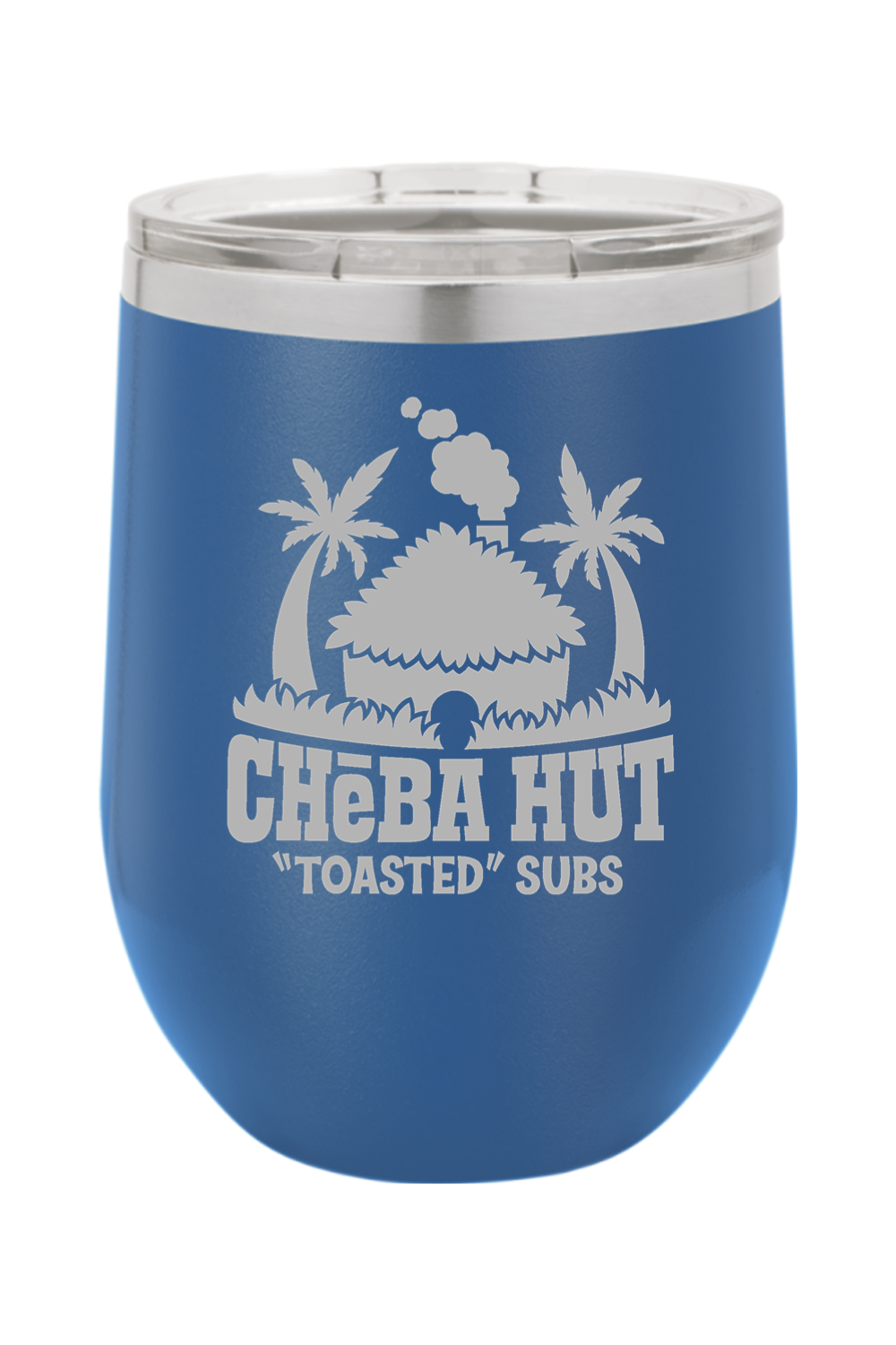 A royal blue stemless insulated wine tumbler with a clear lid, featuring the Cheba Hut "Toasted" Subs logo with a hut and palm trees.