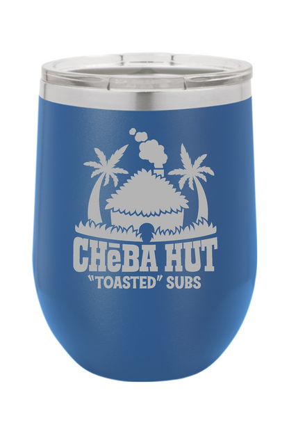 A royal blue stemless insulated wine tumbler with a clear lid, featuring the Cheba Hut "Toasted" Subs logo with a hut and palm trees.