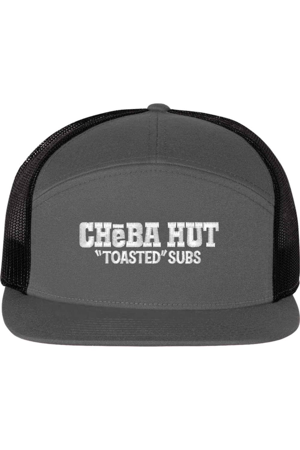 A seven -panel trucker hat with a solid grey front panel and brim. The back two panels are black mesh. The front of the hat features the white stylized text 'CHEBA HUT "TOASTED" SUBS'. The hat has a slightly curved brim and a visible button on the top.