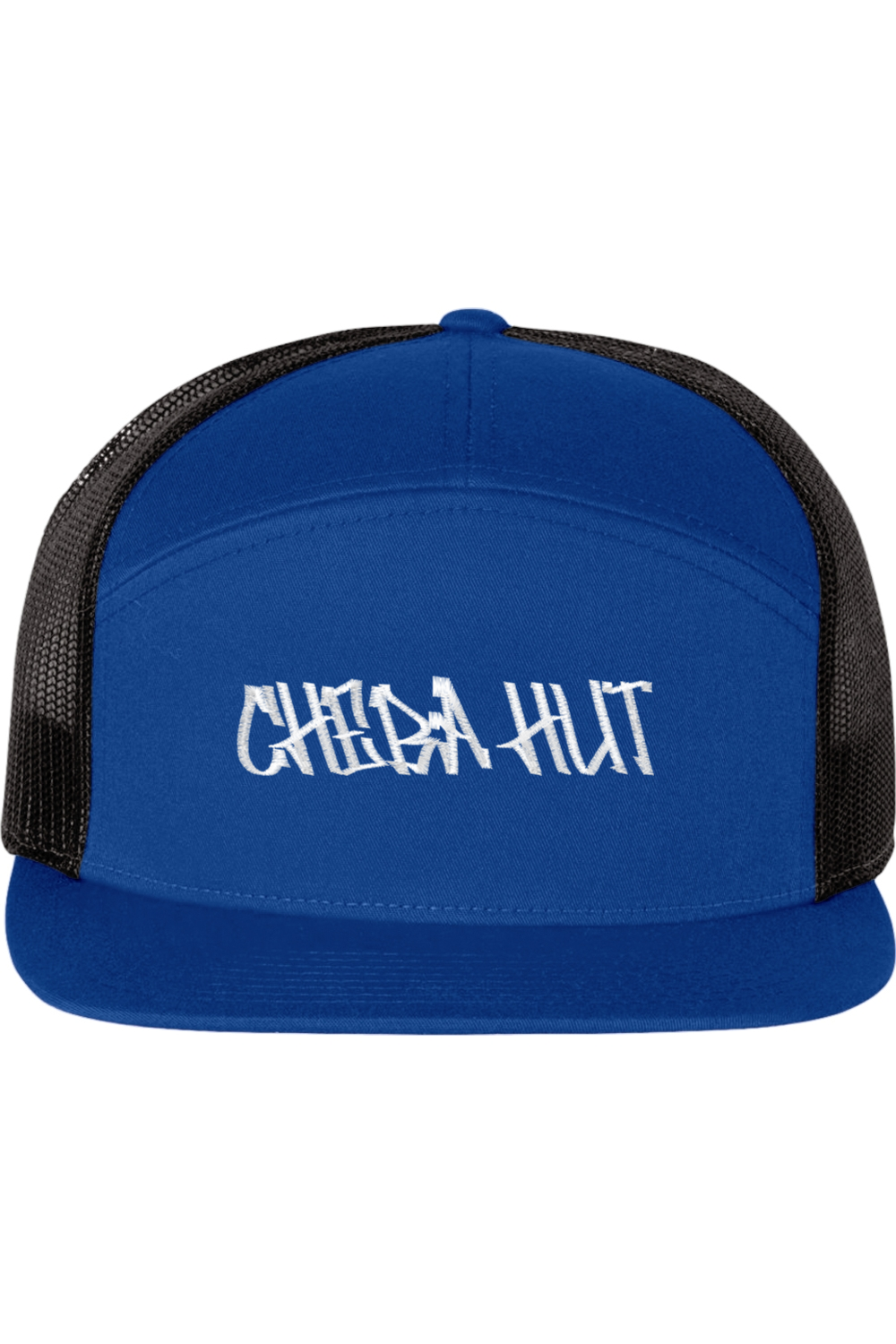 A seven -panel trucker hat with a solid royal blue front panel and brim. The back two panels are black mesh. The front of the hat features the white stylized text 'CHEBA HUT'. The hat has a slightly curved brim and a visible button on the top.