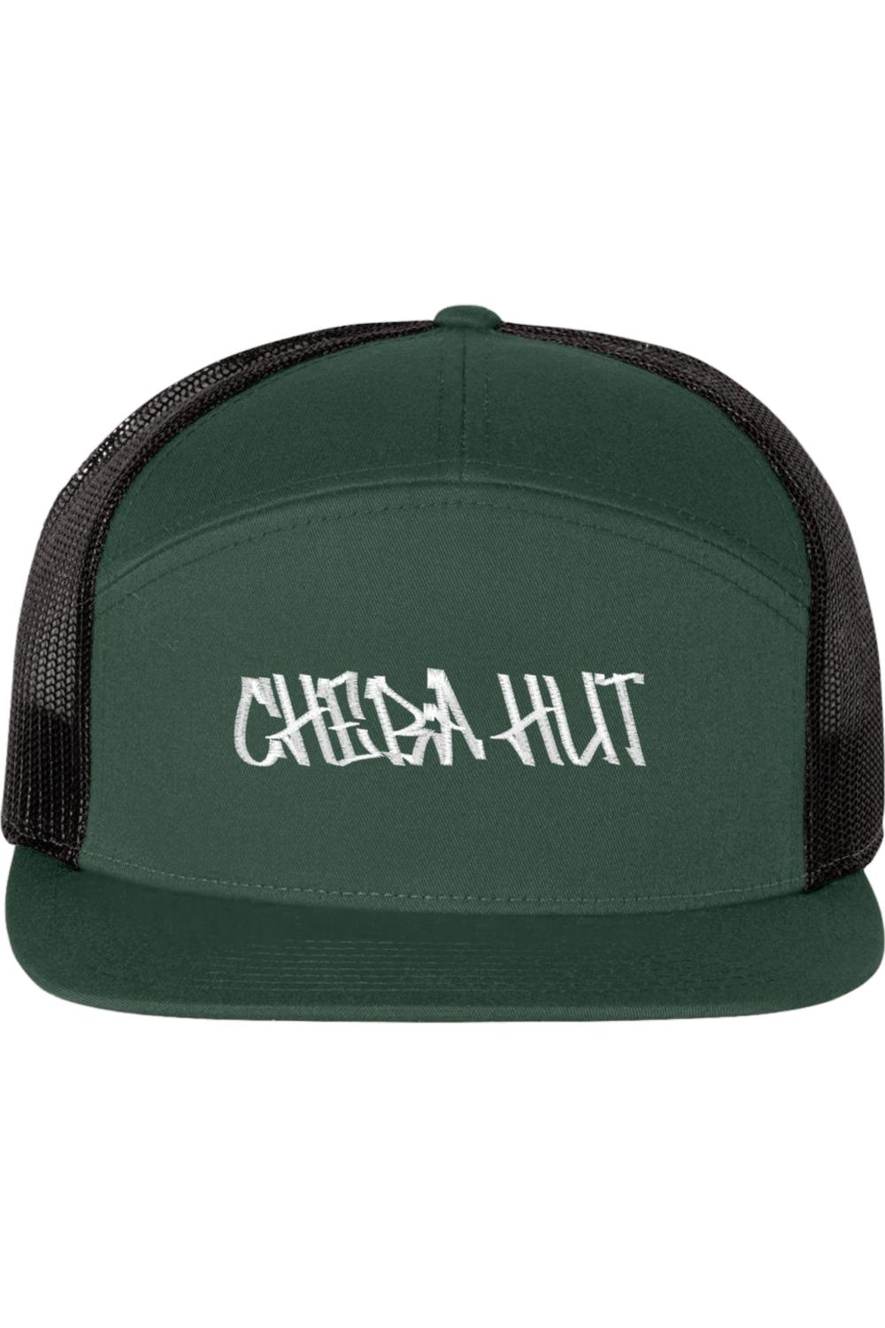 A seven -panel trucker hat with a solid dark green front panel and brim. The back two panels are black mesh. The front of the hat features the white stylized text 'CHEBA HUT'. The hat has a slightly curved brim and a visible button on the top.