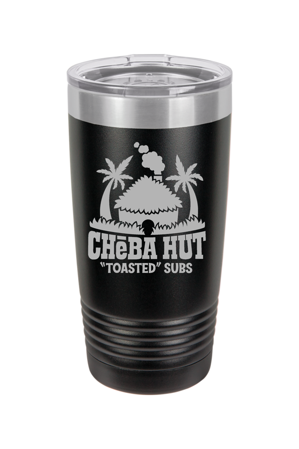 A black insulated tumbler with a clear lid, featuring the Cheba Hut "Toasted" Subs logo with an illustration of a hut and palm trees.