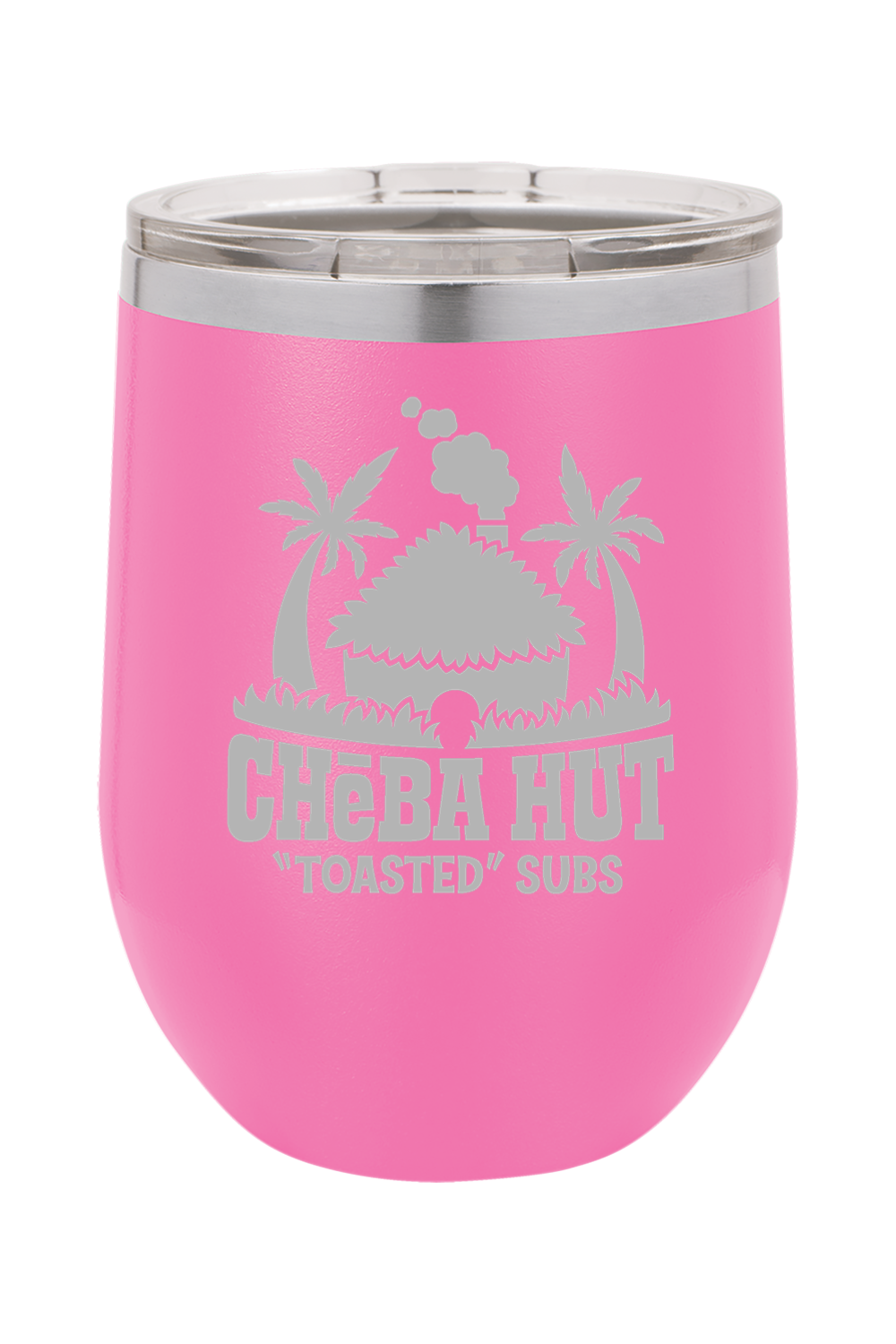 A pink stemless insulated wine tumbler with a clear lid, featuring the Cheba Hut "Toasted" Subs logo with a hut and palm trees.