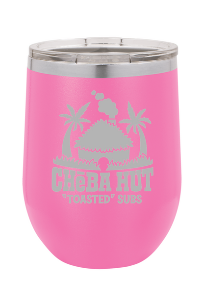 A pink stemless insulated wine tumbler with a clear lid, featuring the Cheba Hut "Toasted" Subs logo with a hut and palm trees.