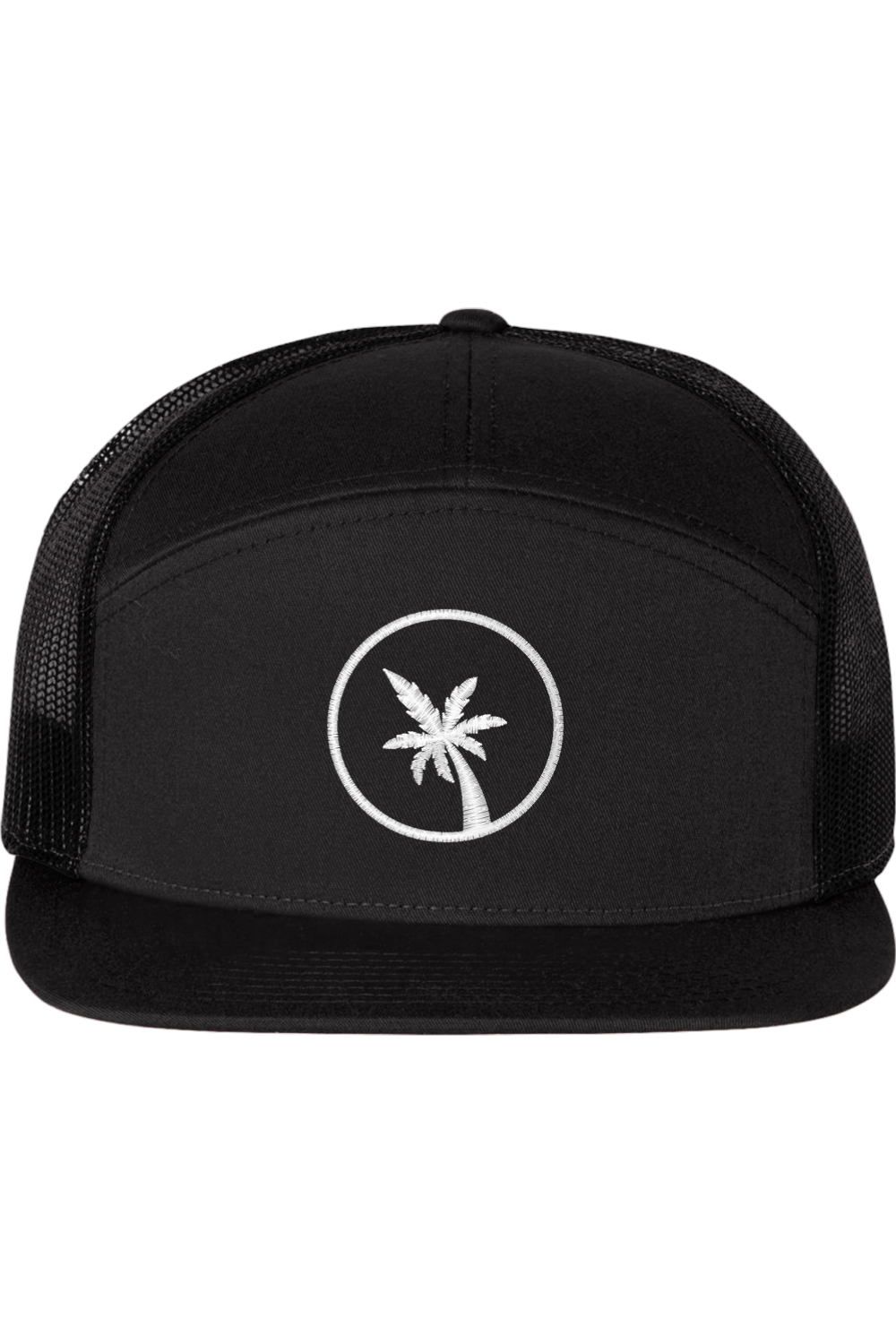 A seven -panel trucker hat with a solid black front panel and brim. The back two panels are black mesh. The front of the hat features a seven frond palm tree in white thread. The hat has a slightly curved brim and a visible button on the top.