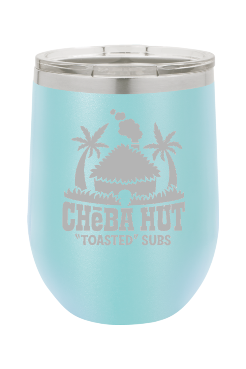A light blue stemless insulated wine tumbler with a clear lid, featuring the Cheba Hut "Toasted" Subs logo with a hut and palm trees.