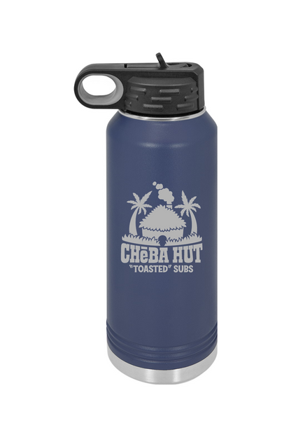 A navy blue water bottle with a stainless steel bottom and a black lid that has a built-in carrying handle and drinking spout. The bottle features the Cheba Hut "Toasted" Subs logo on the front.