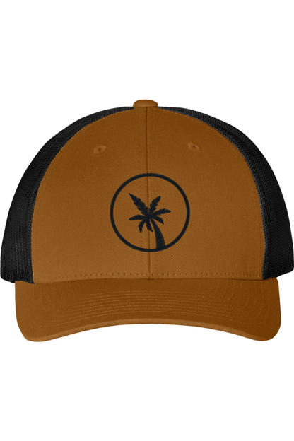 Brown and black cap with palm tree design on a white background