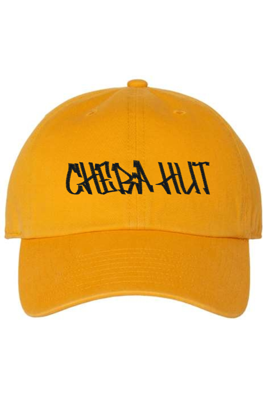 A gold baseball cap with a curved brim. The front of the cap features the black stylized text 'CHEBA HUT' embroidered across the center. The cap has a visible button on the top and an adjustable strap in the back (not visible).