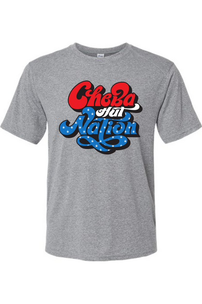 A heather grey short-sleeved athletic shirt featuring a patriotic-themed graphic. The word "Cheba" is in bold, rounded red letters with white outlines. Below it, the word "Hut" is smaller and appears integrated into the top of "Nation." The word "Nation" is prominently displayed in large, stylized blue script with white stars, outlined in red and white. The overall design evokes an American flag color scheme.