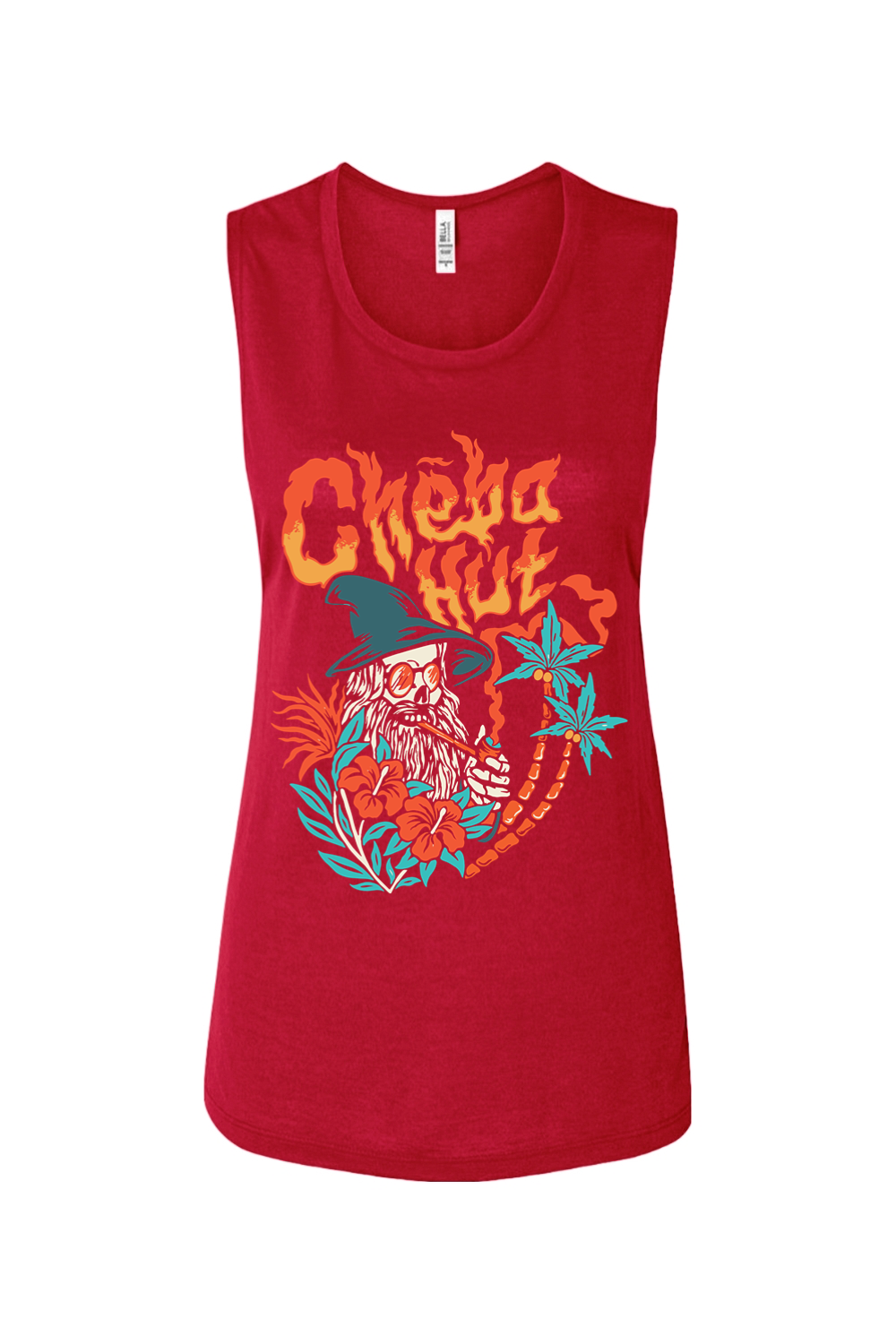 A red women's muscle tank top with a colorful front graphic. The graphic features "Cheba Hut" in a fiery font above an illustration of a skeleton wizard with a long white beard, sunglasses, and a pointed hat. The wizard is smoking a long pipe and is surrounded by tropical plants, including palm trees and red hibiscus flowers.