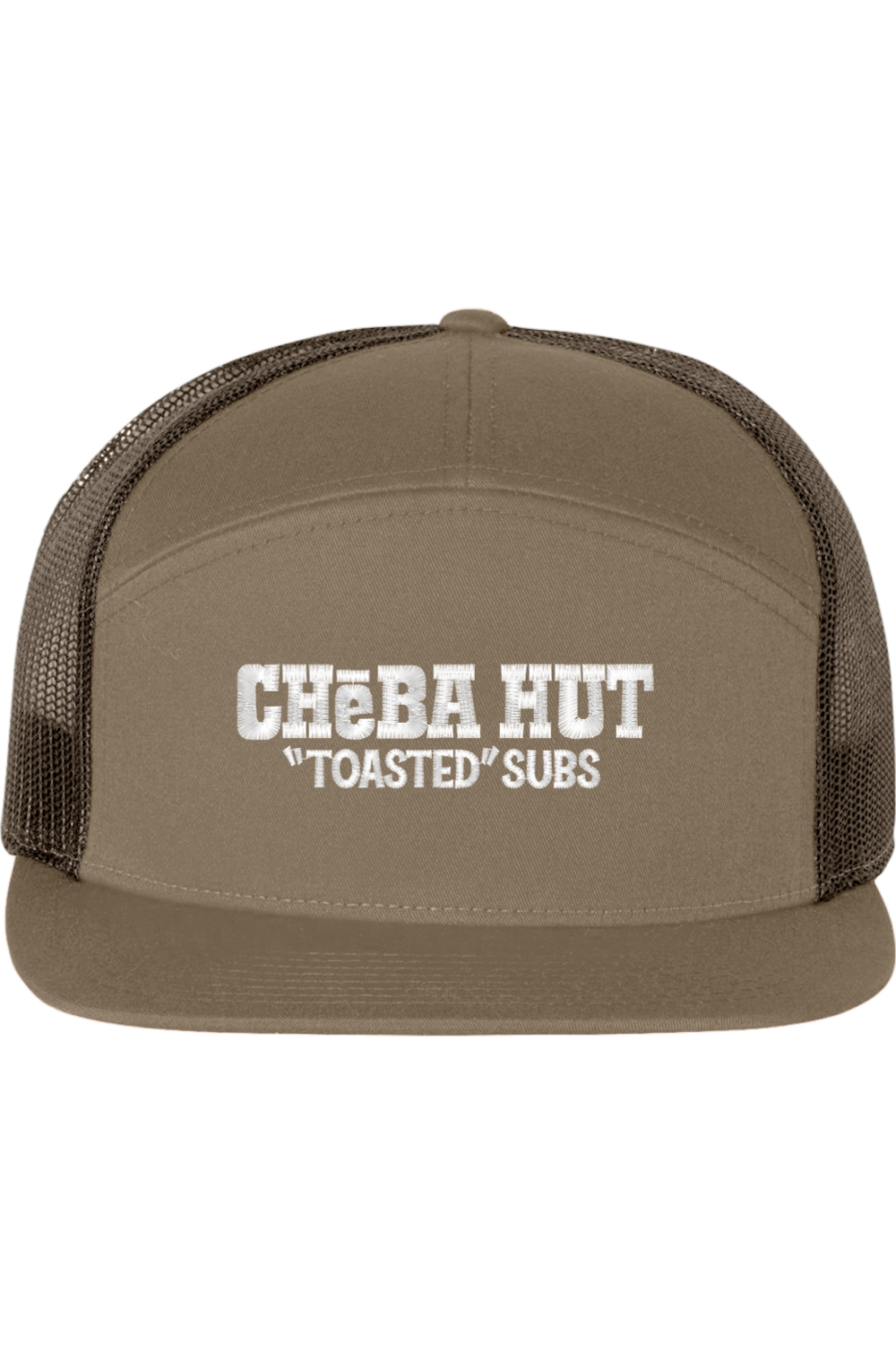 A seven -panel trucker hat with a solid brown front panel and brim. The back two panels are brown mesh. The front of the hat features the white stylized text 'CHEBA HUT "TOASTED" SUBS'. The hat has a slightly curved brim and a visible button on the top.
