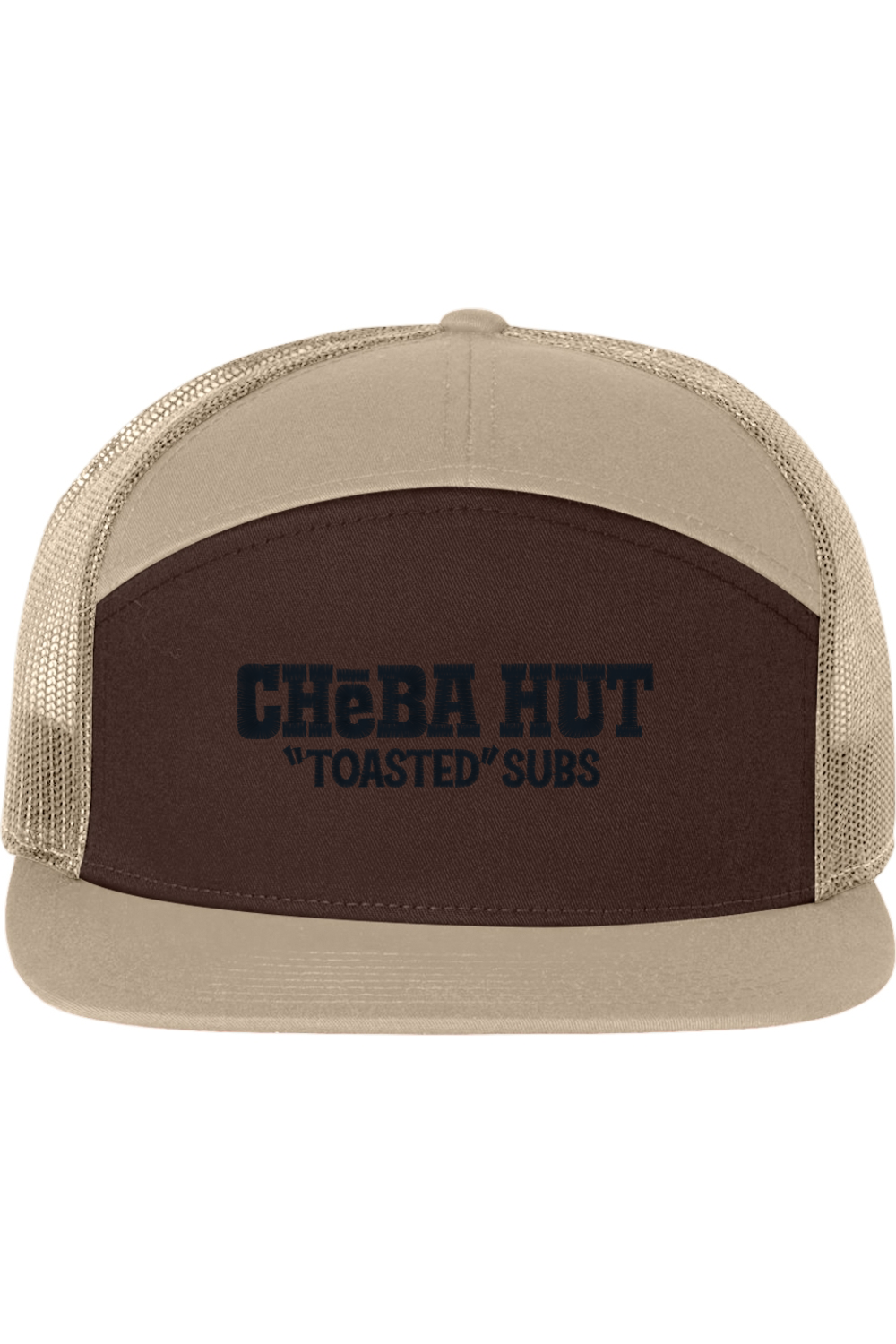 A seven-panel trucker hat with a solid brown  front panel and ten brim. The back two panels are tan mesh. The front of the hat features the black stylized text 'CHEBA HUT "TOASTED" SUBS'. The hat has a slightly curved brim and a visible button on the top.