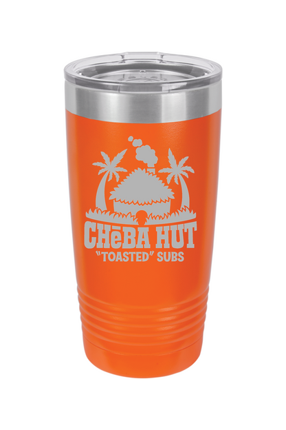 An orange  insulated tumbler with a clear lid, featuring the Cheba Hut "Toasted" Subs logo with an illustration of a hut and palm trees.