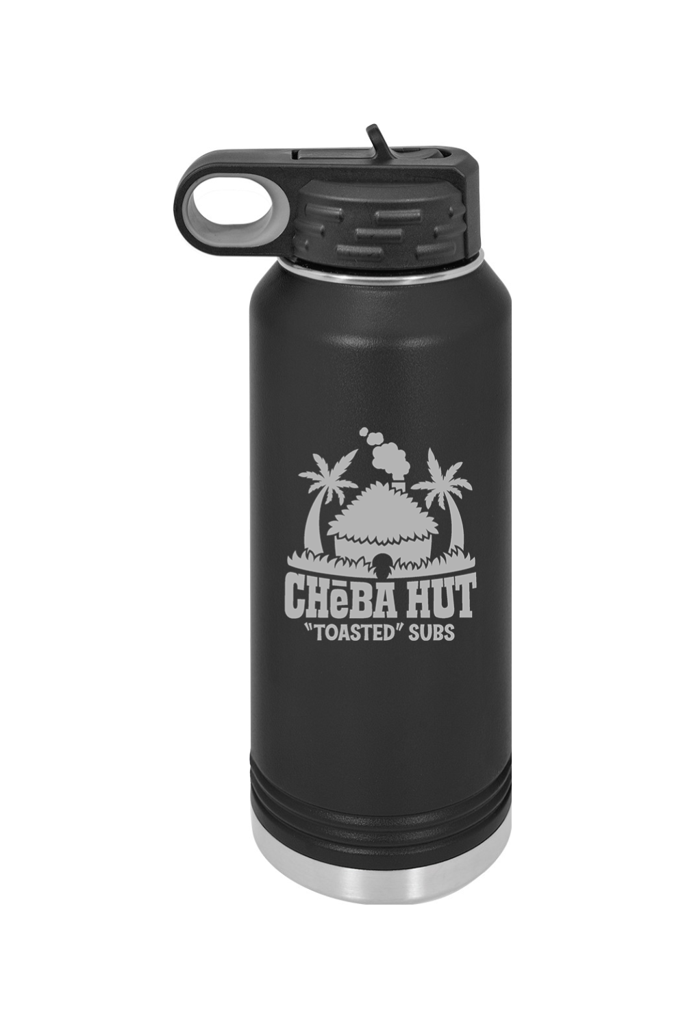 A black water bottle with a stainless steel bottom and a black lid that has a built-in carrying handle and drinking spout. The bottle features the white Cheba Hut "Toasted" Subs logo on the front.