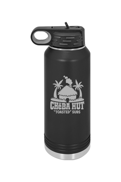 A black water bottle with a stainless steel bottom and a black lid that has a built-in carrying handle and drinking spout. The bottle features the white Cheba Hut "Toasted" Subs logo on the front.