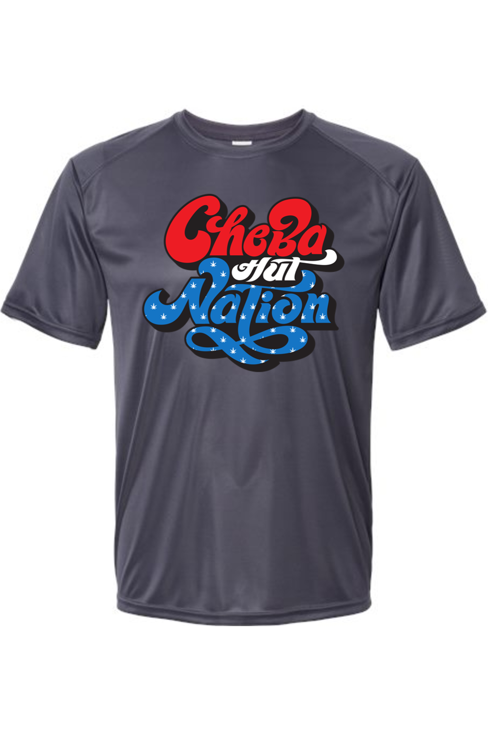 A graphite grey short-sleeved athletic shirt featuring a patriotic-themed graphic. The word "Cheba" is in bold, rounded red letters with white outlines. Below it, the word "Hut" is smaller and appears integrated into the top of "Nation." The word "Nation" is prominently displayed in large, stylized blue script with white stars, outlined in red and white. The overall design evokes an American flag color scheme.
