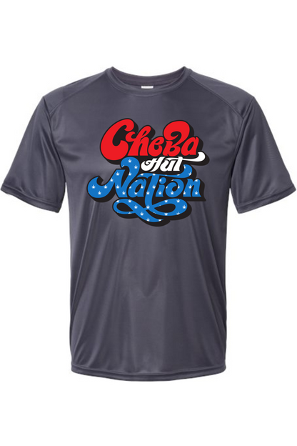 A graphite grey short-sleeved athletic shirt featuring a patriotic-themed graphic. The word "Cheba" is in bold, rounded red letters with white outlines. Below it, the word "Hut" is smaller and appears integrated into the top of "Nation." The word "Nation" is prominently displayed in large, stylized blue script with white stars, outlined in red and white. The overall design evokes an American flag color scheme.