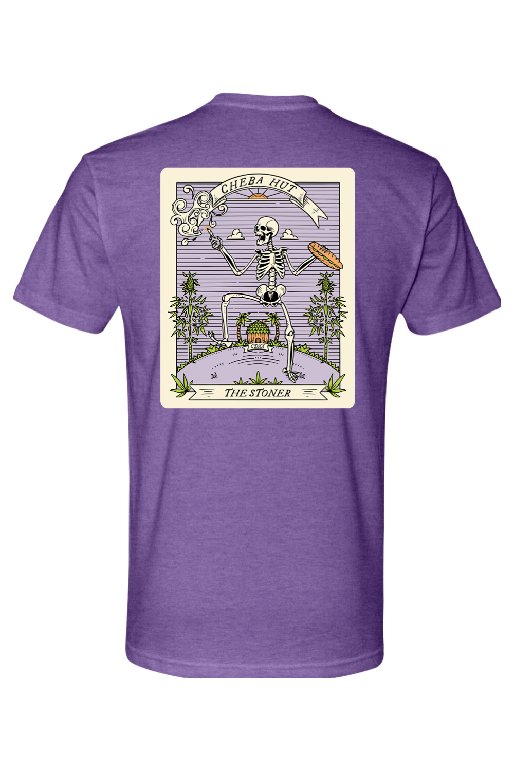 A purple short-sleeved t-shirt featuring a rectangular graphic on the back depicting a skeleton holding a smoking item and a sandwich, with 'CHEBA HUT' and 'THE STONER' text.