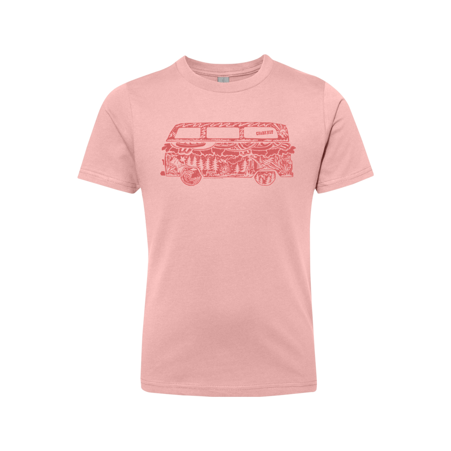 A pink crew-neck t-shirt is displayed on a white background. The shirt has a red line-art graphic on the chest depicting the side profile of a vintage van. Within the outline of the van, various scenes and objects are illustrated, including trees, mountains, a sandwich, a slice of pizza, and other food and outdoor-related imagery. The word 'GRUBBERY' is visible along the top of the van.