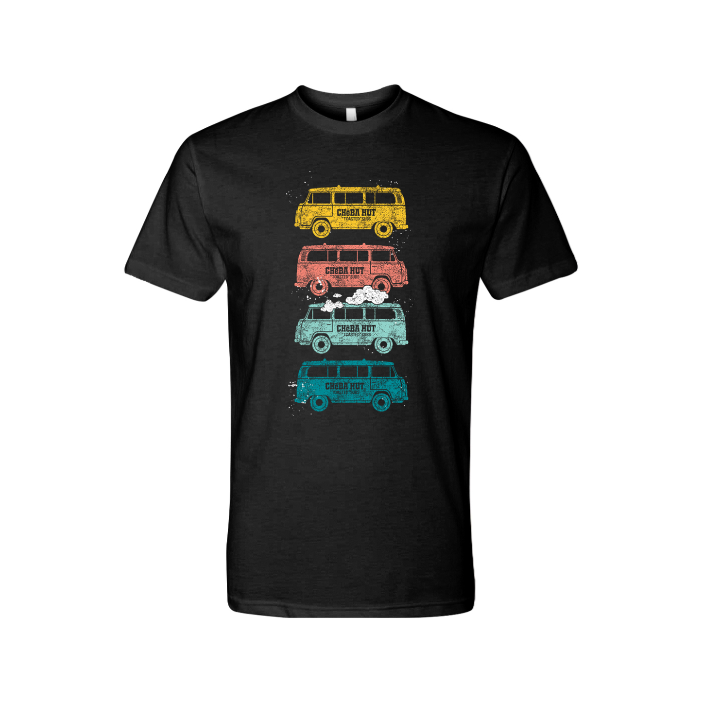 An image of a black tee shirt displaying four vertically stacked, vintage-style vans in yellow, coral, light blue, and teal. Each van has the Cheba Hut logo and 'Toasted Subs' text printed on its side.