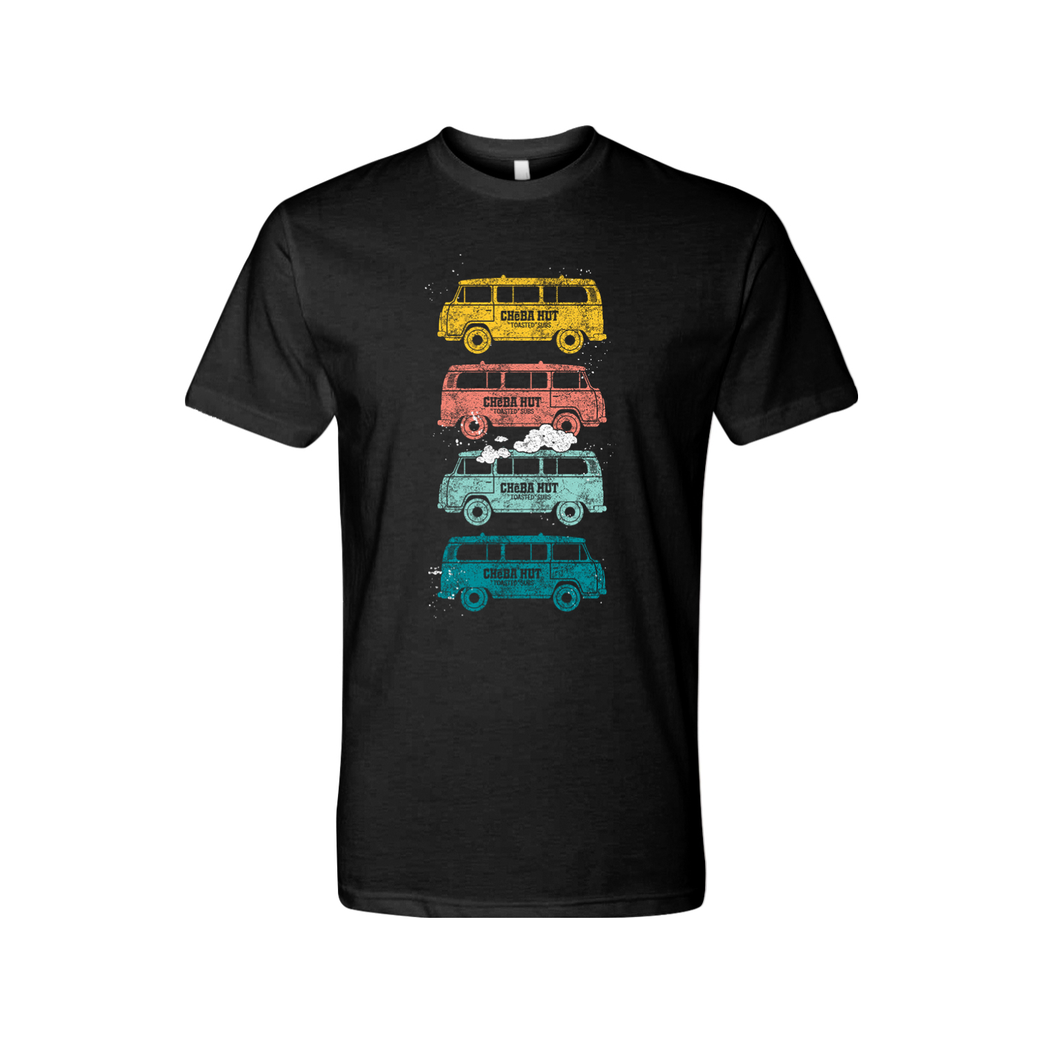 An image of a black tee shirt displaying four vertically stacked, vintage-style vans in yellow, coral, light blue, and teal. Each van has the Cheba Hut logo and 'Toasted Subs' text printed on its side.