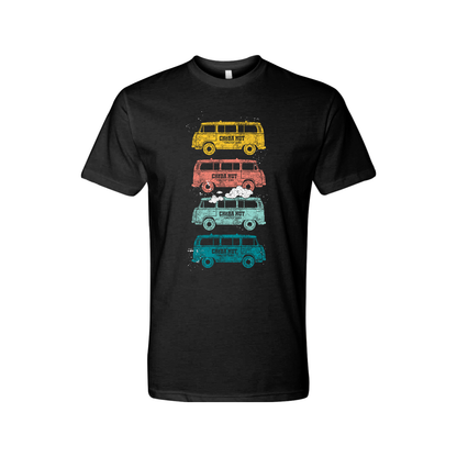 An image of a black tee shirt displaying four vertically stacked, vintage-style vans in yellow, coral, light blue, and teal. Each van has the Cheba Hut logo and 'Toasted Subs' text printed on its side.