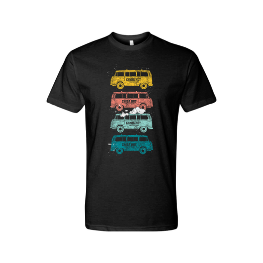 An image of a black tee shirt displaying four vertically stacked, vintage-style vans in yellow, coral, light blue, and teal. Each van has the Cheba Hut logo and 'Toasted Subs' text printed on its side.