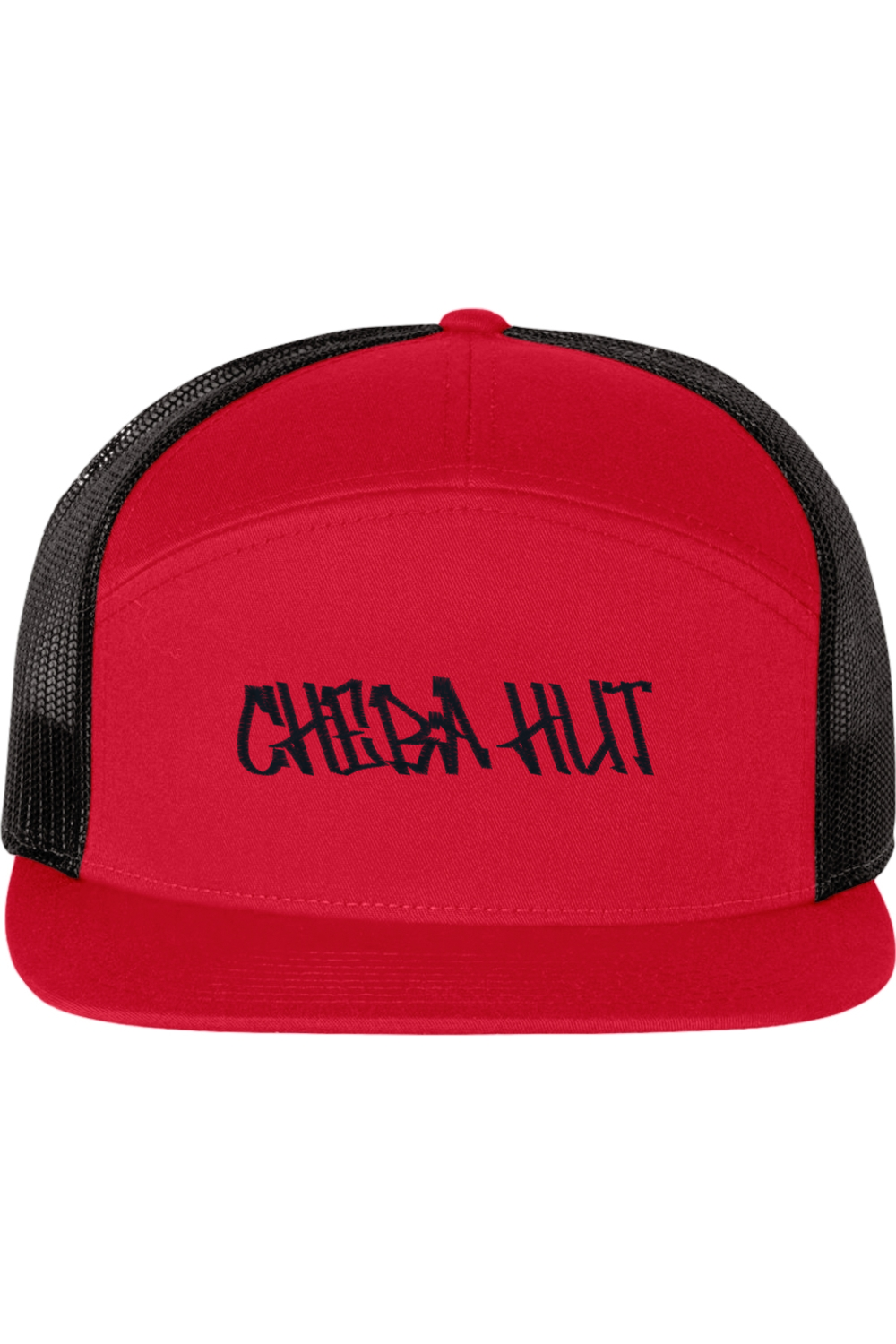 A five-panel trucker hat with a solid red front panel and brim. The back two panels are black mesh. The front of the hat features the black stylized text 'CHEBA HUT'. The hat has a slightly curved brim and a visible button on the top.