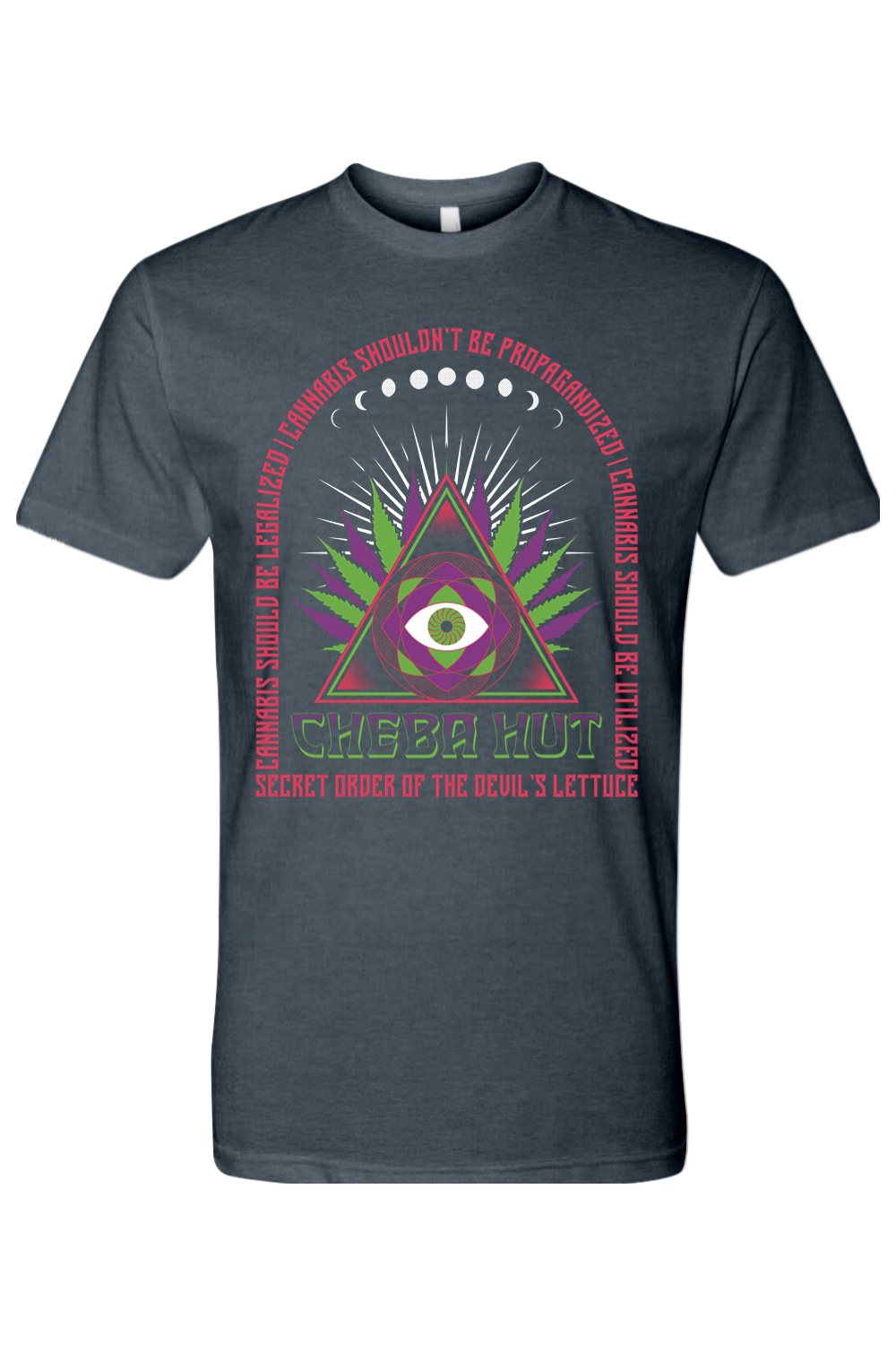Dark gray t-shirt with a colorful graphic design on a white background