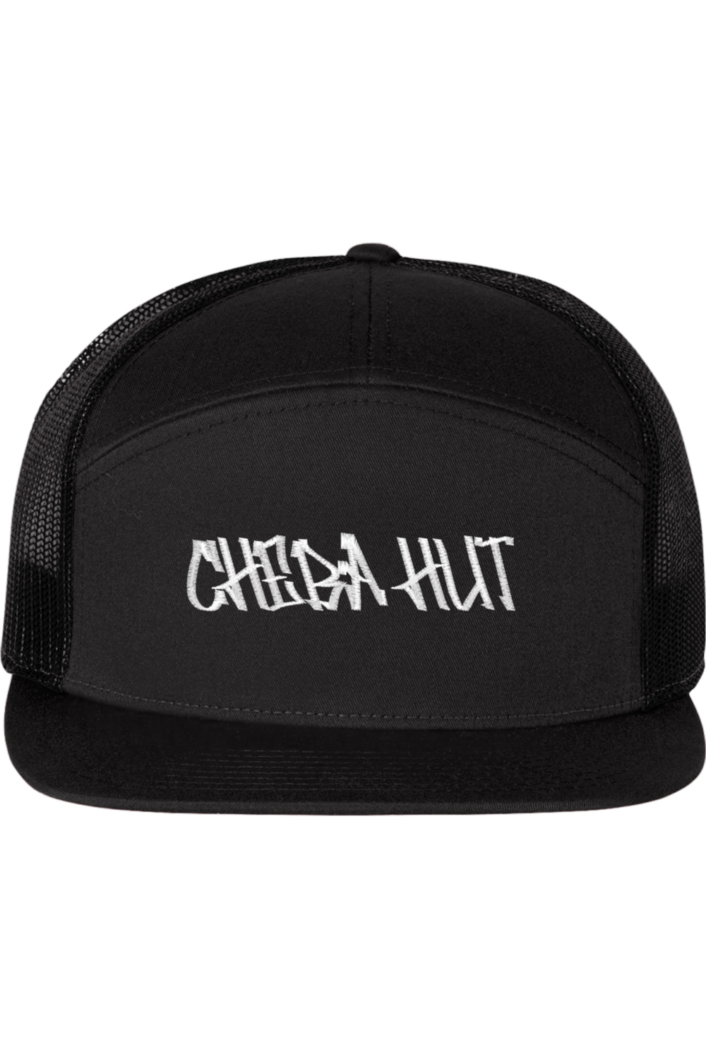 A seven-panel trucker hat with a solid black front panel and brim. The back two panels are black mesh. The front of the hat features the white stylized text 'CHEBA HUT'. The hat has a slightly curved brim and a visible button on the top.