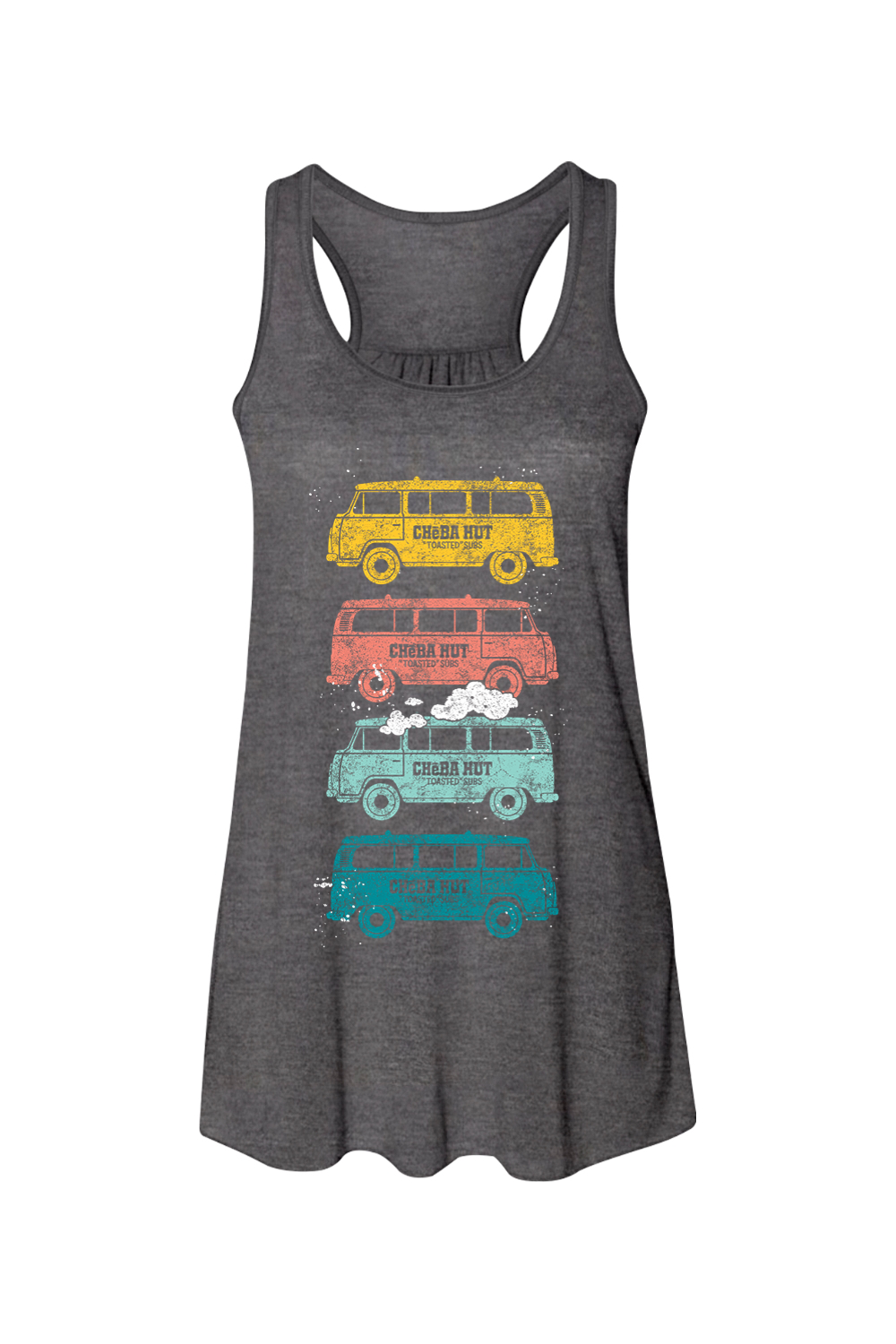A dark grey women's racerback tank top with a front graphic of four colorful, vintage-style vans stacked vertically. From top to bottom, the vans are yellow, coral, light blue, and teal, each with a distressed look and the Cheba Hut logo. Smoke is coming out of the roof of the light blue van.