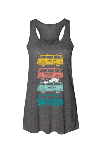 A dark grey women's racerback tank top with a front graphic of four colorful, vintage-style vans stacked vertically. From top to bottom, the vans are yellow, coral, light blue, and teal, each with a distressed look and the Cheba Hut logo. Smoke is coming out of the roof of the light blue van.