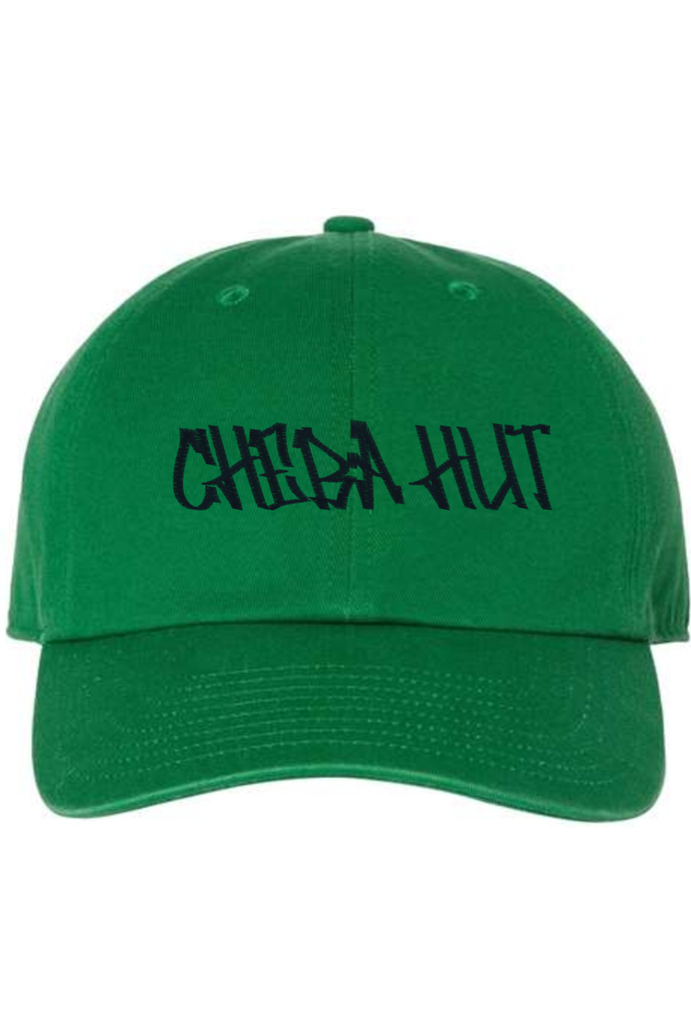 A Kelly green baseball cap with a curved brim. The front of the cap features the black stylized text 'CHEBA HUT' embroidered across the center. The cap has a visible button on the top and an adjustable strap in the back (not visible).