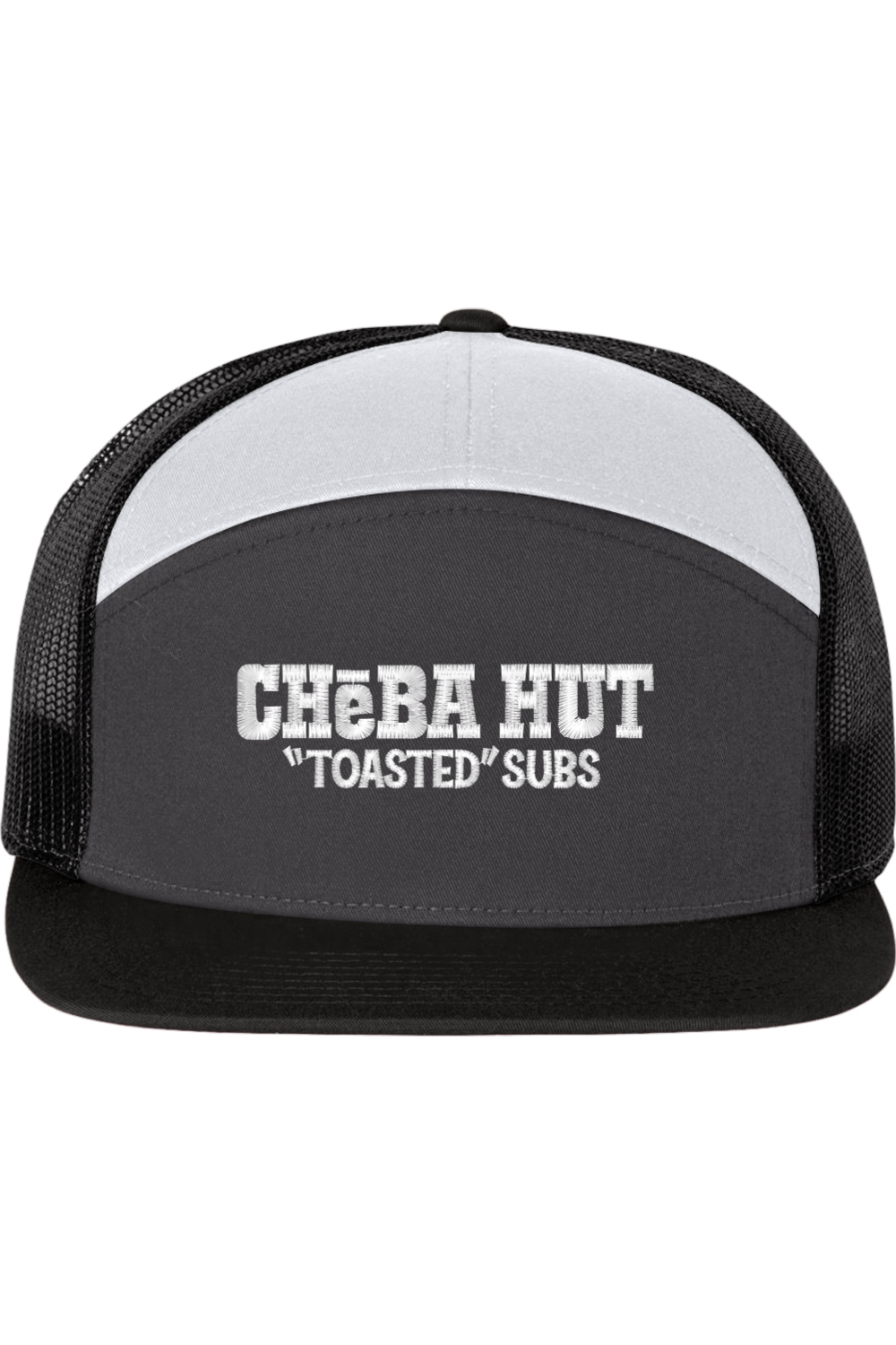 A seven -panel trucker hat with a solid black front panel and brim. The top panel is white. The back two panels are black mesh. The front of the hat features the white stylized text 'CHEBA HUT "TOASTED" SUBS'. The hat has a slightly curved brim and a visible button on the top.