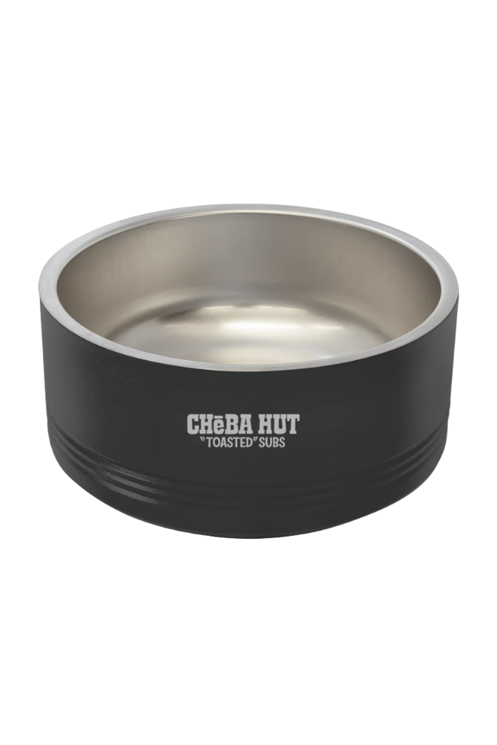A black and stainless steel dog bowl with the white "Cheba Hut 'Toasted' Subs" logo on the side, shown against a dark  background.