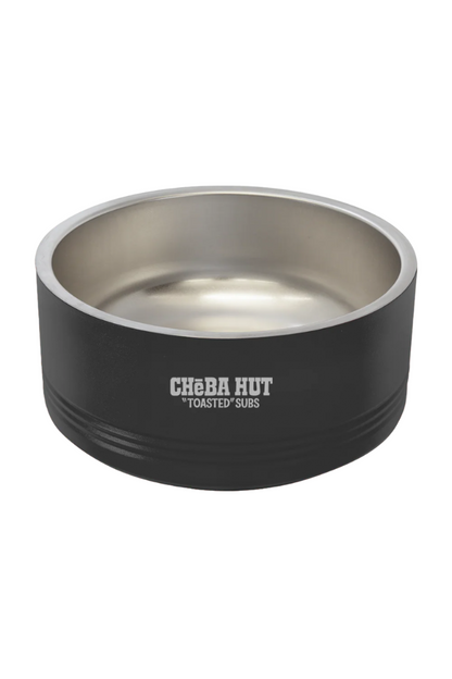 A black and stainless steel dog bowl with the white "Cheba Hut 'Toasted' Subs" logo on the side, shown against a dark  background.