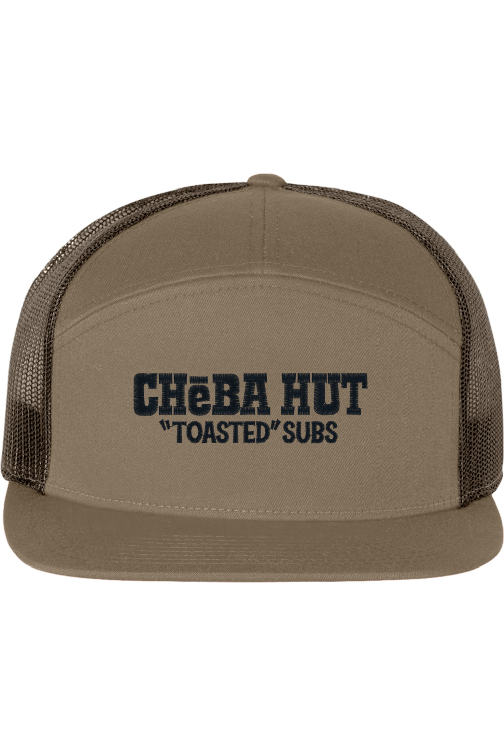 A seven-panel trucker hat with a solid tan front panel and brim. The back two panels are brown mesh. The front of the hat features the black stylized text 'CHEBA HUT "TOASTED" SUBS'. The hat has a slightly curved brim and a visible button on the top.