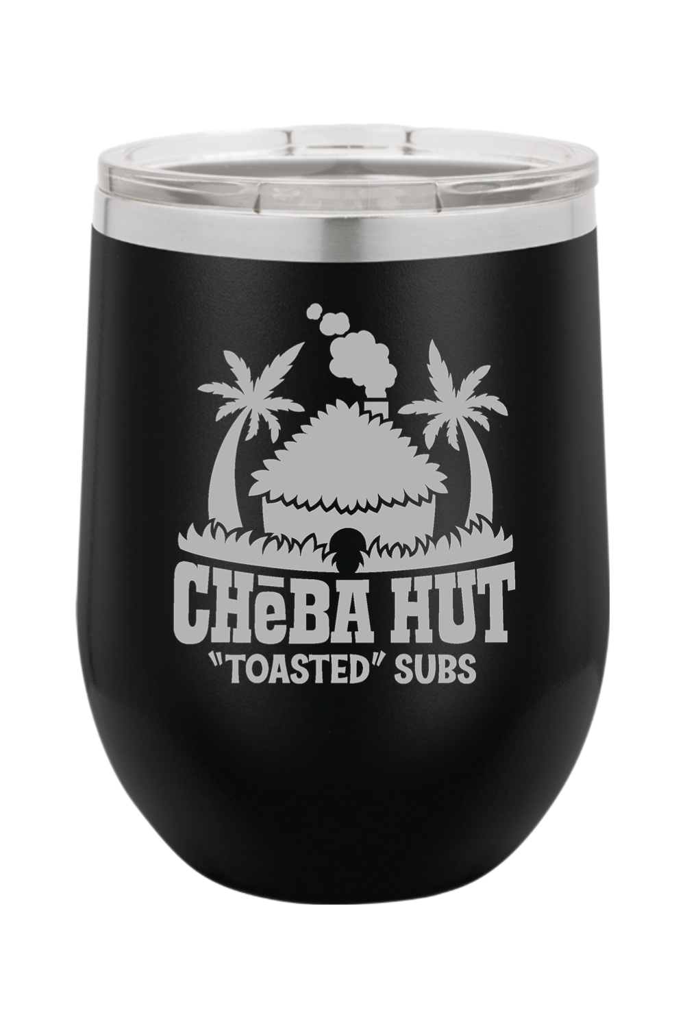 A black stemless insulated wine tumbler with a clear lid, featuring the Cheba Hut "Toasted" Subs logo with a hut and palm trees.
