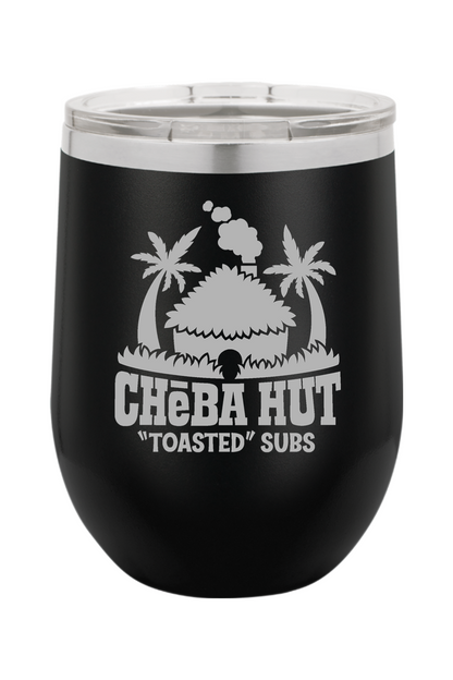 A black stemless insulated wine tumbler with a clear lid, featuring the Cheba Hut "Toasted" Subs logo with a hut and palm trees.