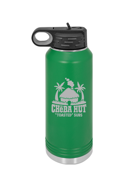 A green water bottle with a stainless steel bottom and a black lid that has a built-in carrying handle and drinking spout. The bottle features the Cheba Hut "Toasted" Subs logo on the front.