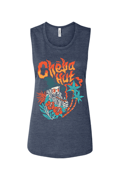 A navy women's muscle tank top with a colorful front graphic. The graphic features "Cheba Hut" in a fiery font above an illustration of a skeleton wizard with a long white beard, sunglasses, and a pointed hat. The wizard is smoking a long pipe and is surrounded by tropical plants, including palm trees and red hibiscus flowers.