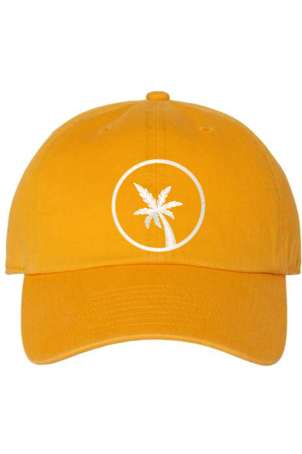 A gold baseball cap with a curved brim. The front of the hat features an embroidered seven frond Palm Tree in white thread. The cap has a visible button on the top and an adjustable strap in the back (not visible).