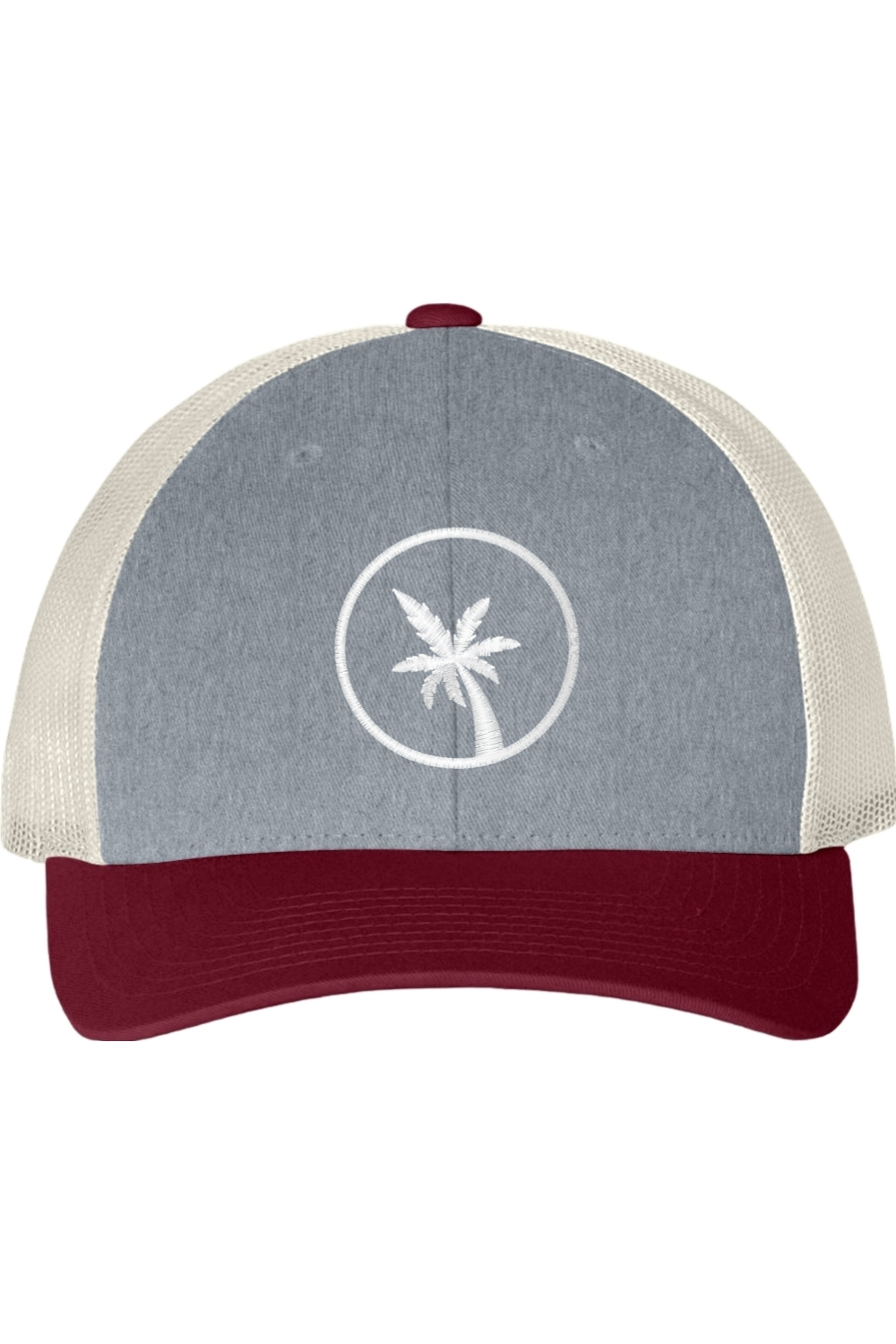 a grey and white Trucker hat with a palm tree design on a white background. The hat has a cranberry red bill. 