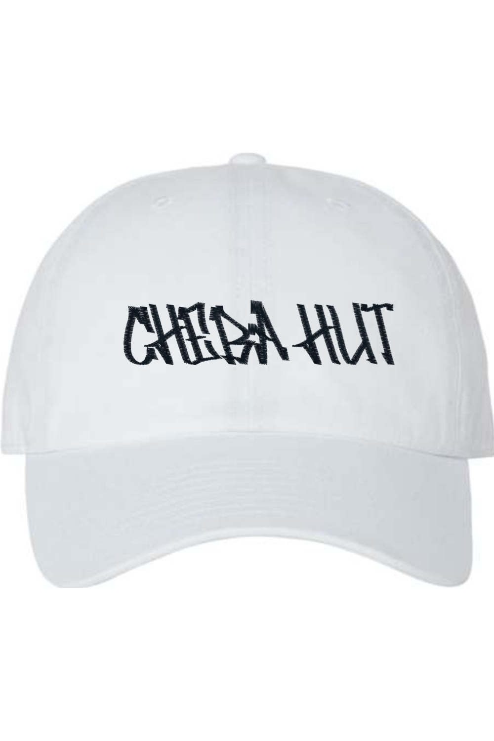 A white baseball cap with a curved brim. The front of the cap features the black stylized text 'CHEBA HUT' embroidered across the center. The cap has a visible button on the top and an adjustable strap in the back (not visible).